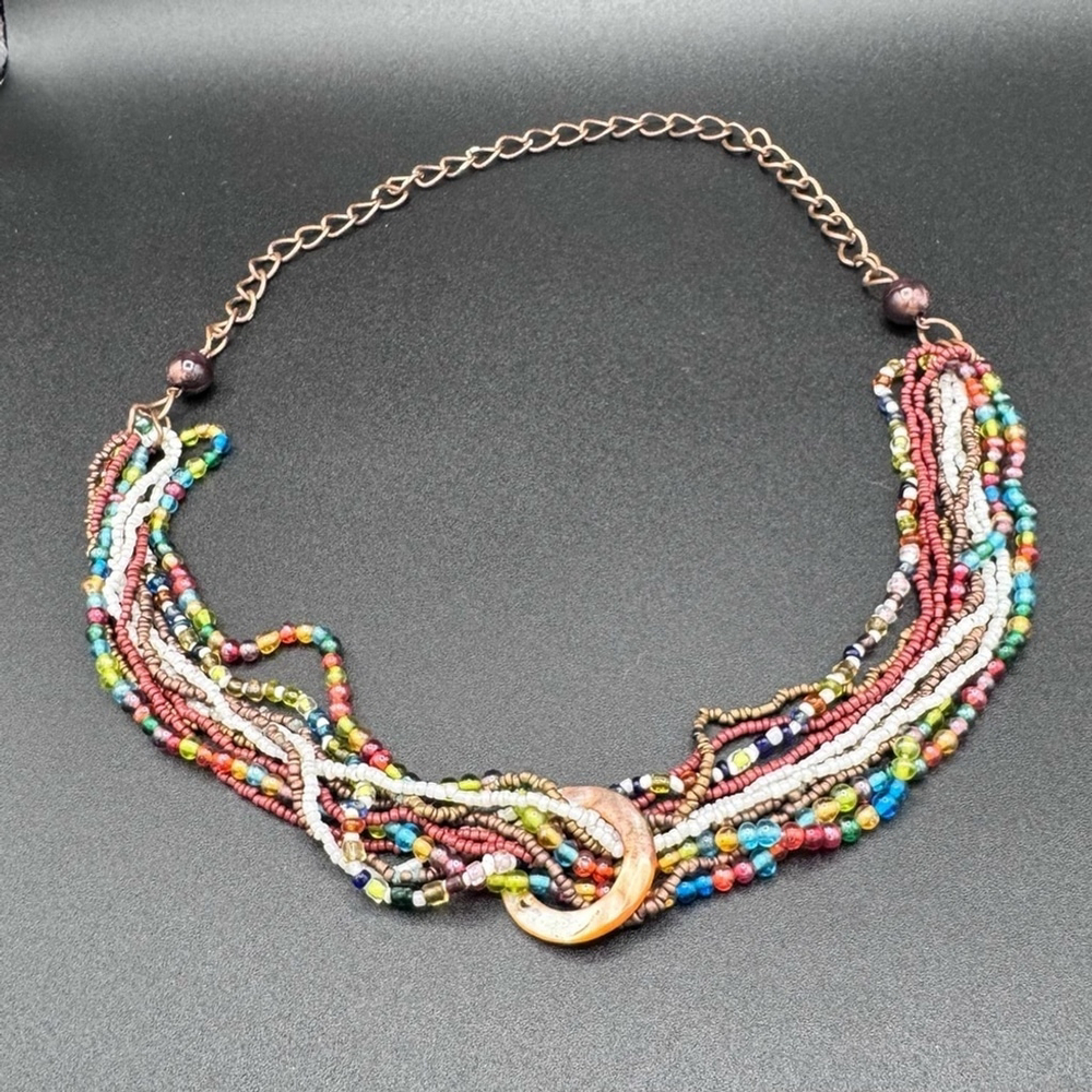 Y2K Multi-Strand Bead Necklace Mother of Pearl Centerpiece 26” Over-the-Head